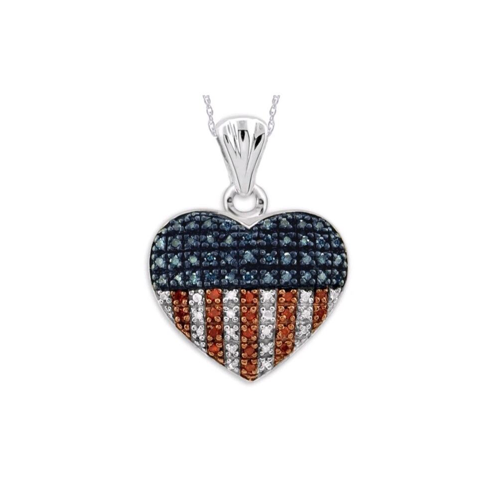 Bridge Diamond 1/3 CTTW Red White Blue Diamond Flag Heart Pendant Sterling